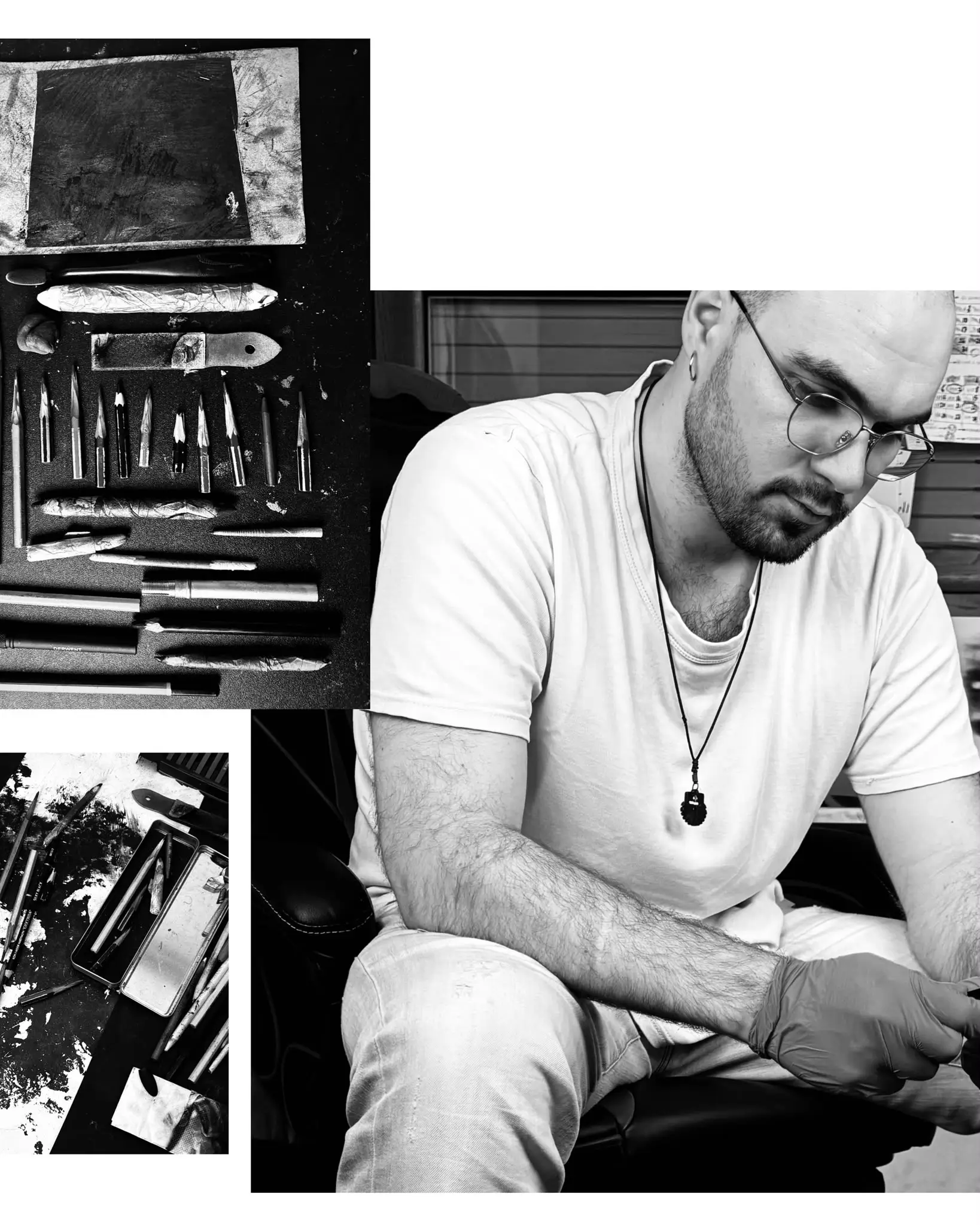 Gli strumenti di lavoro disposti sul tavolo dello studio e Giorgio Luppino mentre disegna.